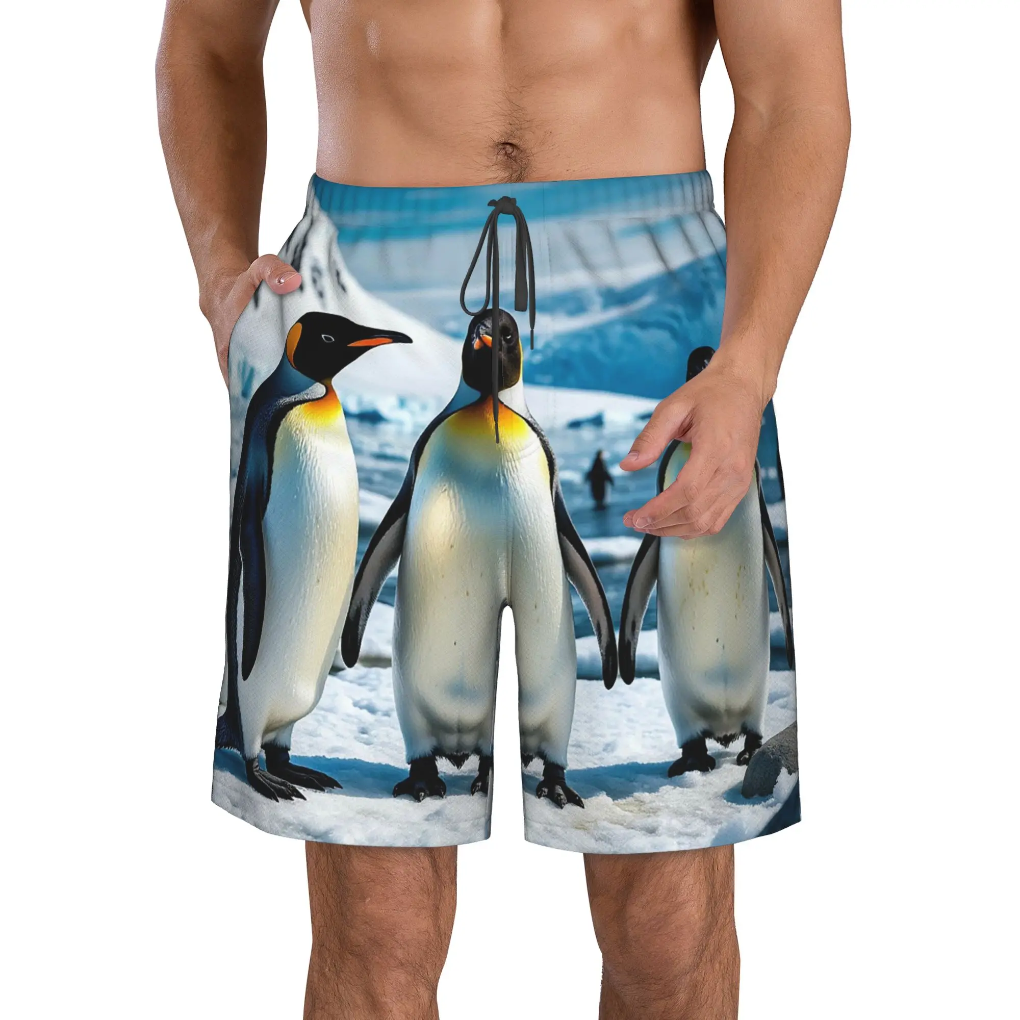 Polar Penguin Ice Surface Penguin Pattern Trunks Beach Board Shorts Casual Quick Dry Swim Summer Men Pants