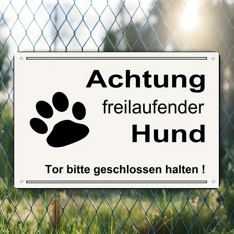 Panneau d'avertissement pour chiens en métal Dibond plat 2D, art mural extérieur sans cadre avec empreinte de patte pour clôtures et portails, zone pour animaux de compagnie, Chien D