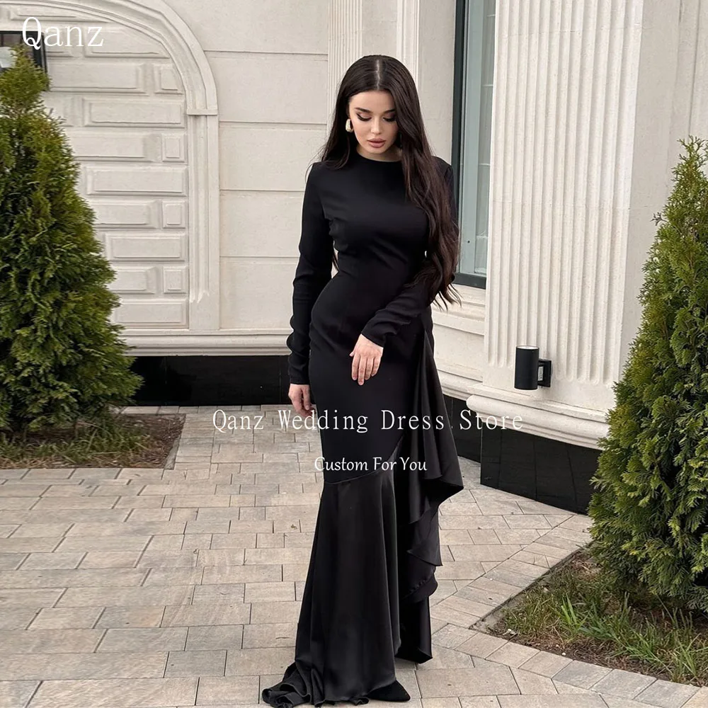 

Qanz Arab Black Vintage O Neck Dresses Full Sleeves Mermaid Saudi Arabia Evening Dresses Robe Soiree De Luxe Customized