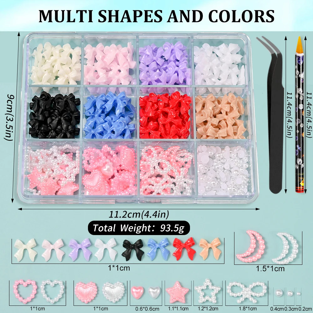 12 rasters 3D roze strikken lint nail art decoraties 12 stijl gemengde vlinder strik nagel charmes kawaii parels manicure accessoires