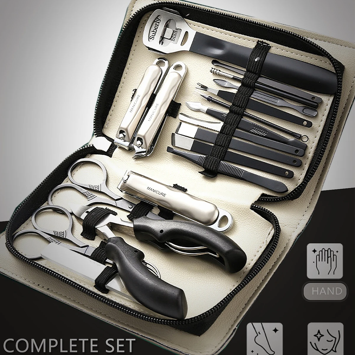 Set per tagliare le unghie aggiornato da 18 pezzi: tagliaunghie affilate, lime per unghie, taglia sopracciglia, set per bigodini, borsa portatile con cerniera,