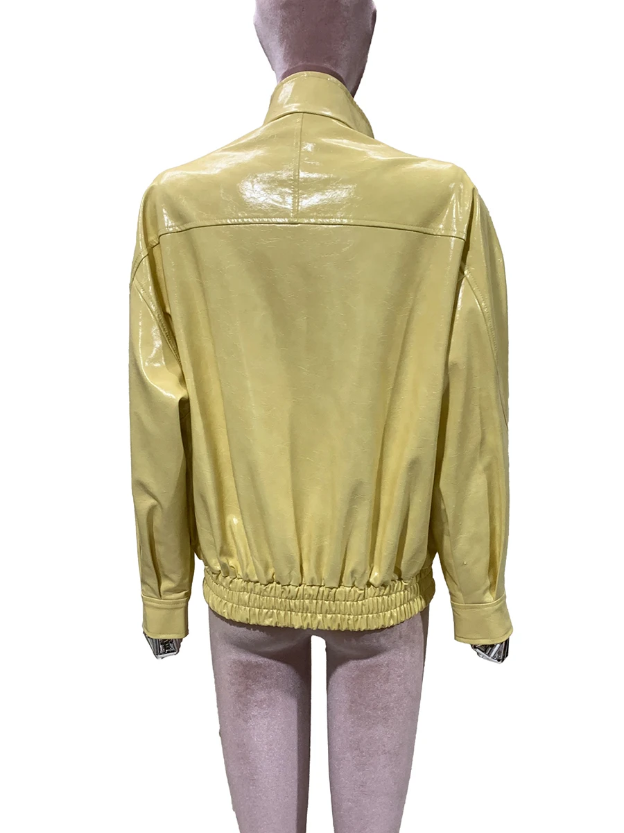 Primavera Autunno fresco corto antivento lucido giallo brillante giacca in ecopelle donna cerniera colletto alla coreana lusso Y2K streetwear 2025