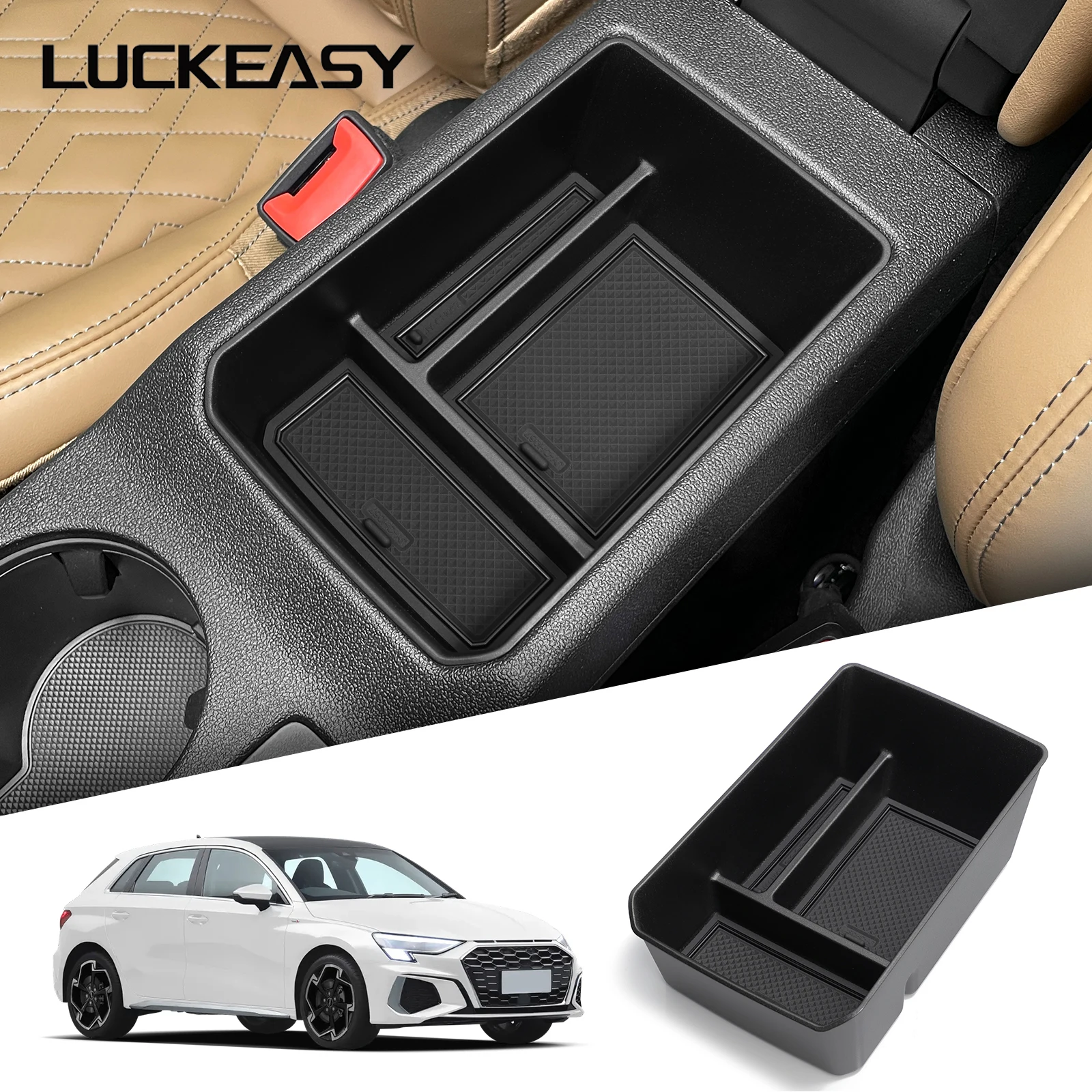 LUCKEASY für Audi A3 2024-2025 Auto-Aufbewahrungsbox Mittelkonsole Armlehnen-Aufbewahrungsfach Organizer Ablage Auto-Innenausstattung Zubehör