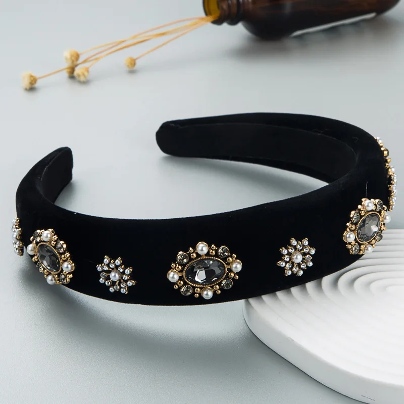 Lux Velvet Sponge Padded Rhinestone Flower Hairbands Headbands Ornament Accessories For Women Hair Accessories Wholesale