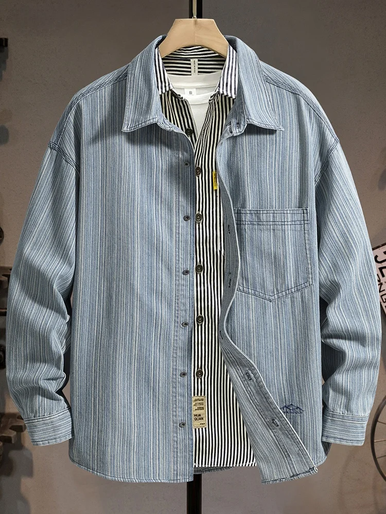 

Мужская джинсовая рубашка свободного кроя премиум-класса с длинным рукавом, в ретро-стиле, в полоску, из смесового хлопка и полиэстера, для повседневной носки