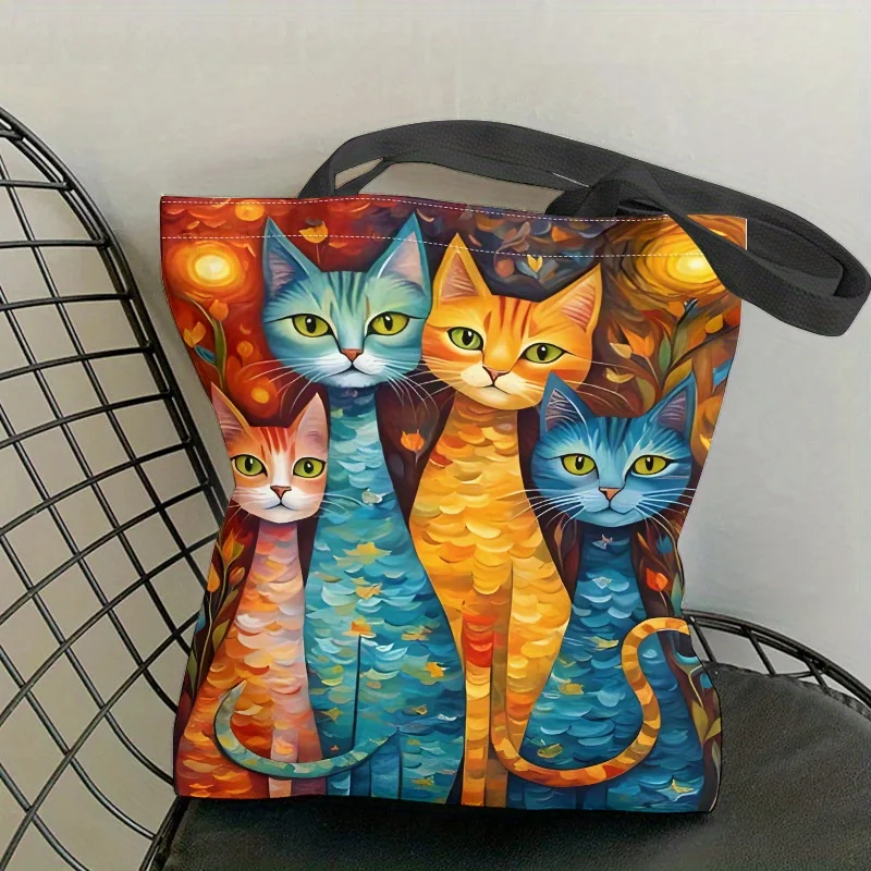 Vibrant Cat Family Tote Bag - Colorful Illustration with Green, Orange, and Blue Cats, Perfect for Daily Use