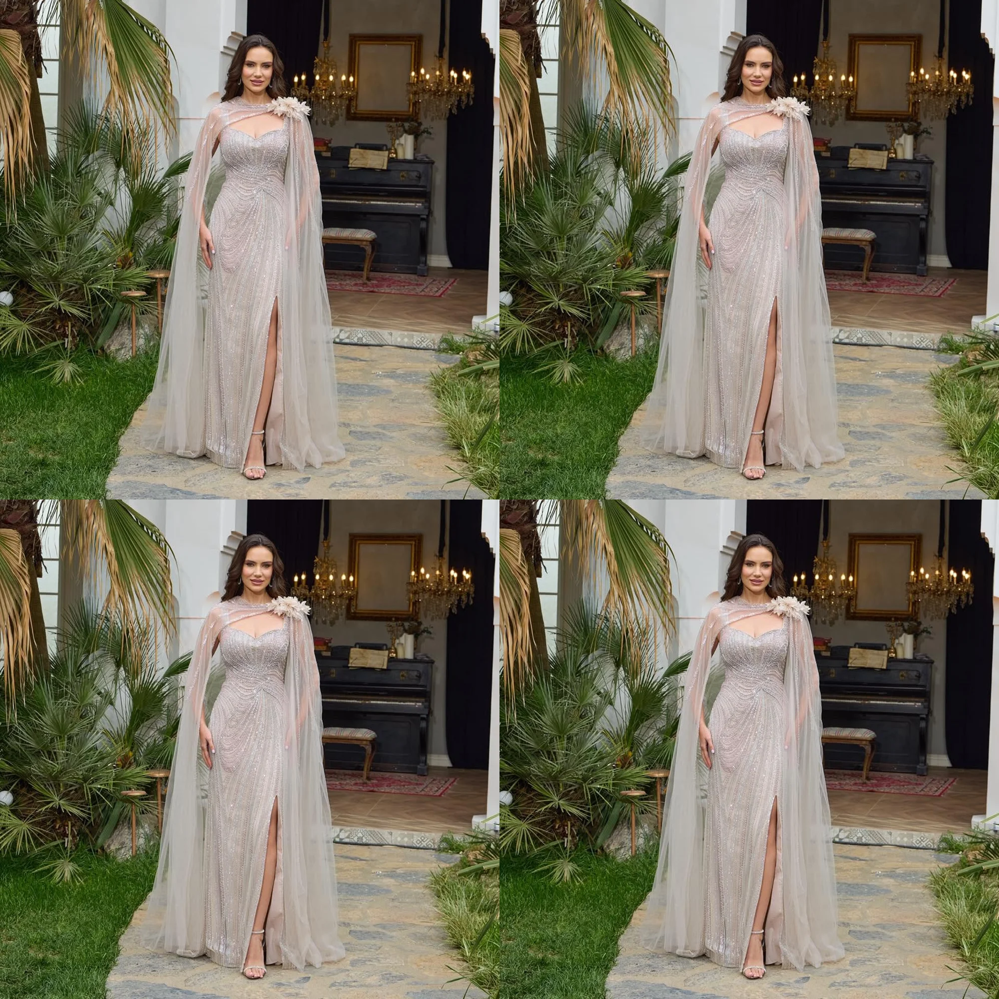 

Glamorous Off Shoulder Tulle Beading Sheath Side Slit Evening Dress Floor Length Bridesmaid Gown with Cape Customized