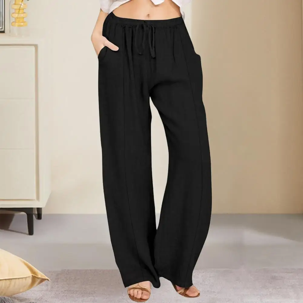 Женские брюки для йоги с завязками на талии, повседневные летние брюки до щиколотки с карманами, однотонные свободные длинные брюки