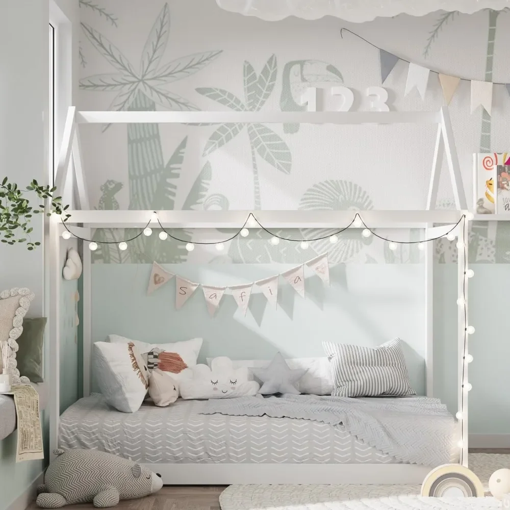 Wood House Bed, Floor Bed with Wood Slats ,No Box Spring Needed