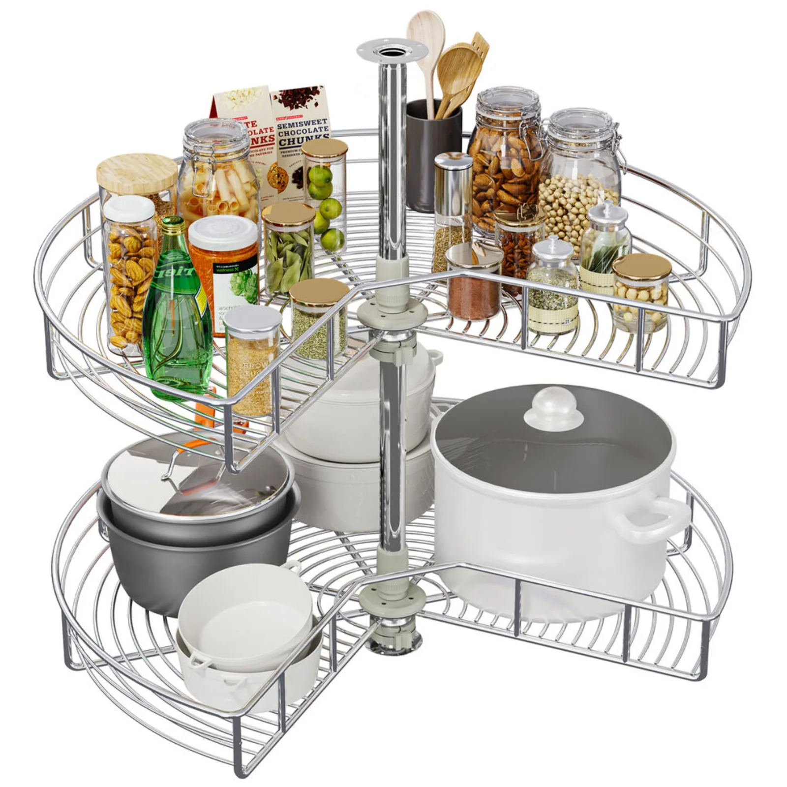 

US 28-Inch Kidney Shaped Chrome Pie Cut 2-Shelf Lazy Susan Corner Organizer Silver