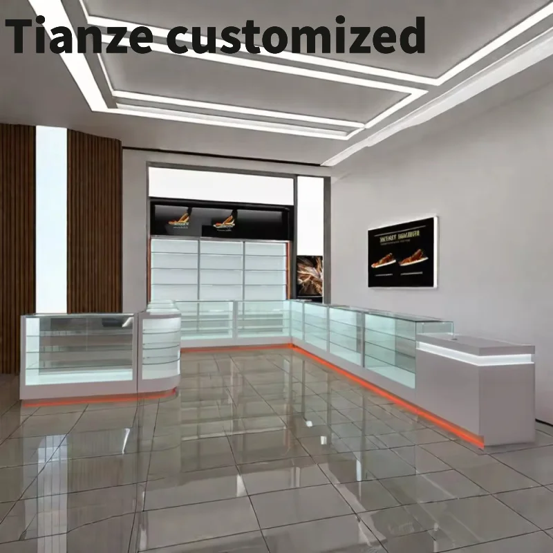 

Customized-Customized Smoke Shop Accessories Display Showcase Glossy Glass Floor Display Counter with Light Shop Display