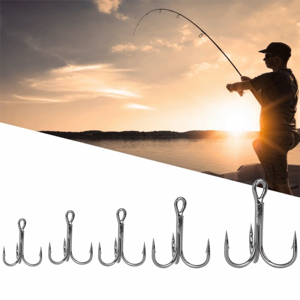 50PCS High Carbon Steel Fishing Treble Hook with Barbed High Strength Treble Hook Sharpened 5 Models Round Bend Hook Saltwater