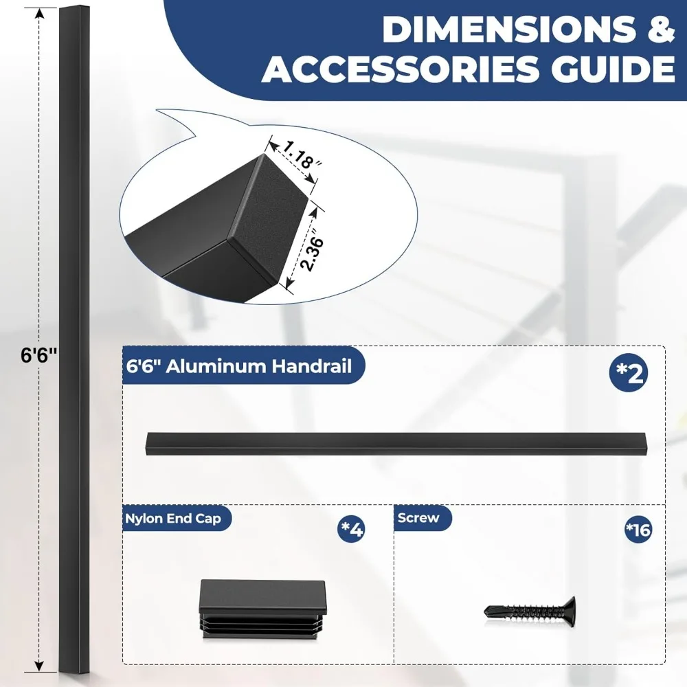 Sistema de trilhos de cabo de escada de deck interno e externo, corrimão preto com 4 tampas de extremidade de nylon para escadas internas balaustrada DIY