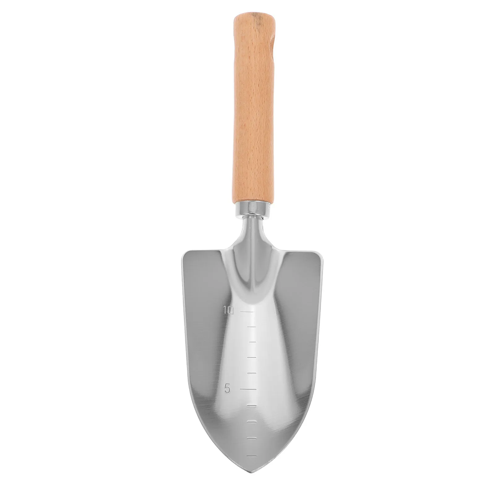 Small Wood Handle Gardening Shovel with Measurement Scale Sharp Stainless Steel Head for Digging Planting Soil Depth Control