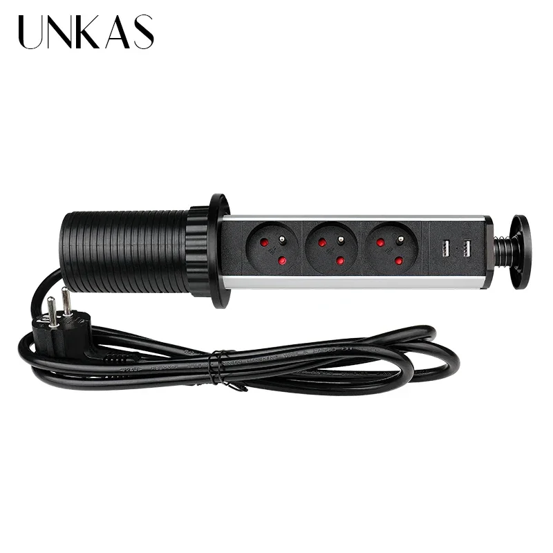 

UNKAS 16A PULL POP UP 3 Power EU Socket New Black Color Port Kitchen Table Desktop Sockets Retractable Countertops French Plug