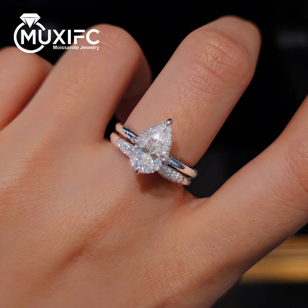 

3 CT Pear Cut Moissanite Stacked Rings for Women 925 Sterling Silver Plated 18k White Gold Wedding Band D Color Diamond Jewery