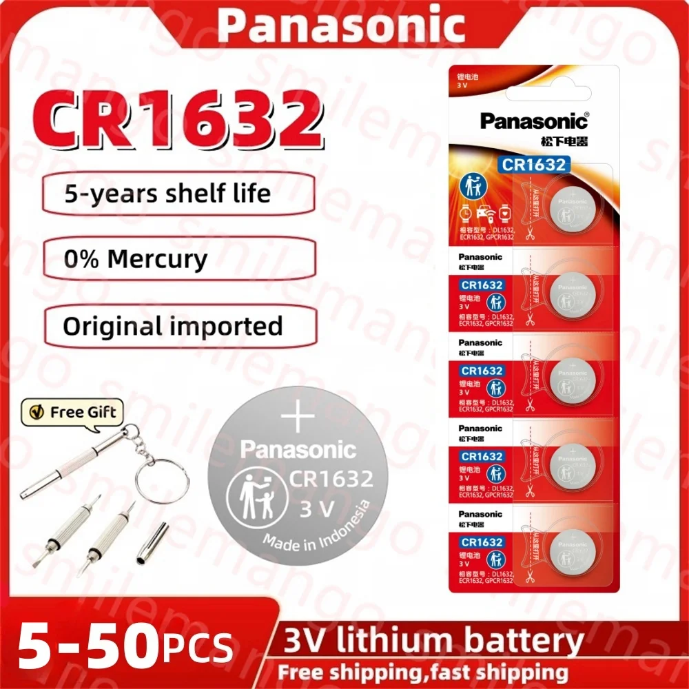 Batería de Botón Panasonic CR1632 de 3V, Baterías de Litio Tipo Moneda LM1632 BR1632 ECR1632 CR 1632 para Relojes Electrónicos, Juguetes y Controles Remotos