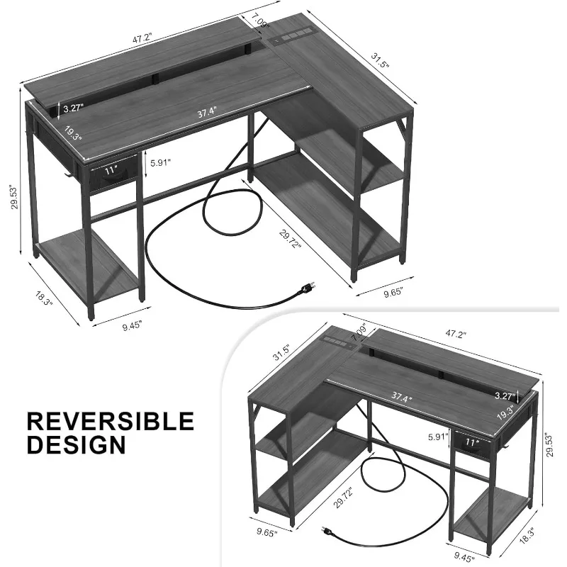 47 Inch L Shaped Desk Gaming Desk with LED Strip & Power Outlet, Reversible L-Shaped Computer Desk with Storage Shelf & Drawer