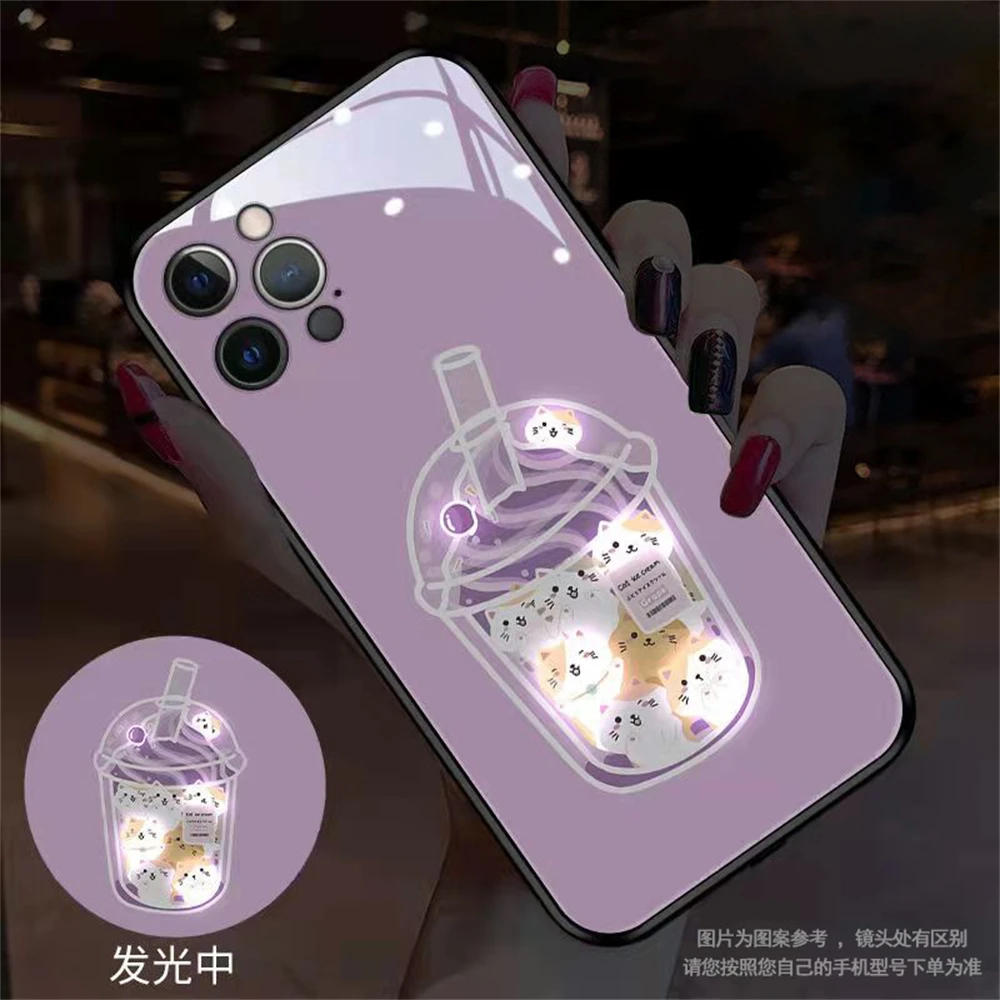 

Milk Tea Cat Pattern Sound Control LED Flash Cases Luminous Glass Cover For iPhone 16 E 15 14 13 12 11 Pro Max XR Plus SE