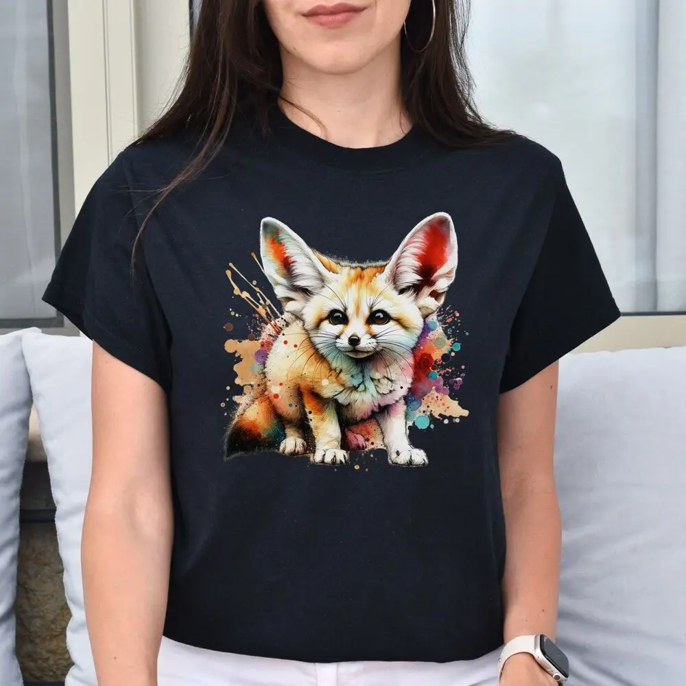 Artistic Fennec Fox Color Splash Unisex T-shirt Black Navy Dark Heather tops Unisex Summer Short Sleeve