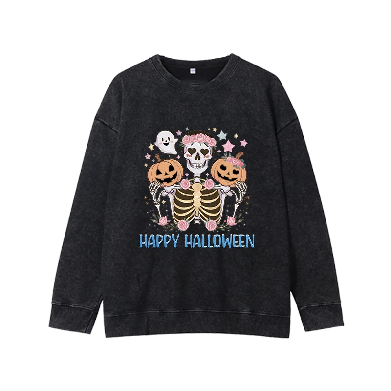 Purple Halloween long sleeved skull pumpkin print autumn and winter long sleeved T-shirt for men and women casual clothing