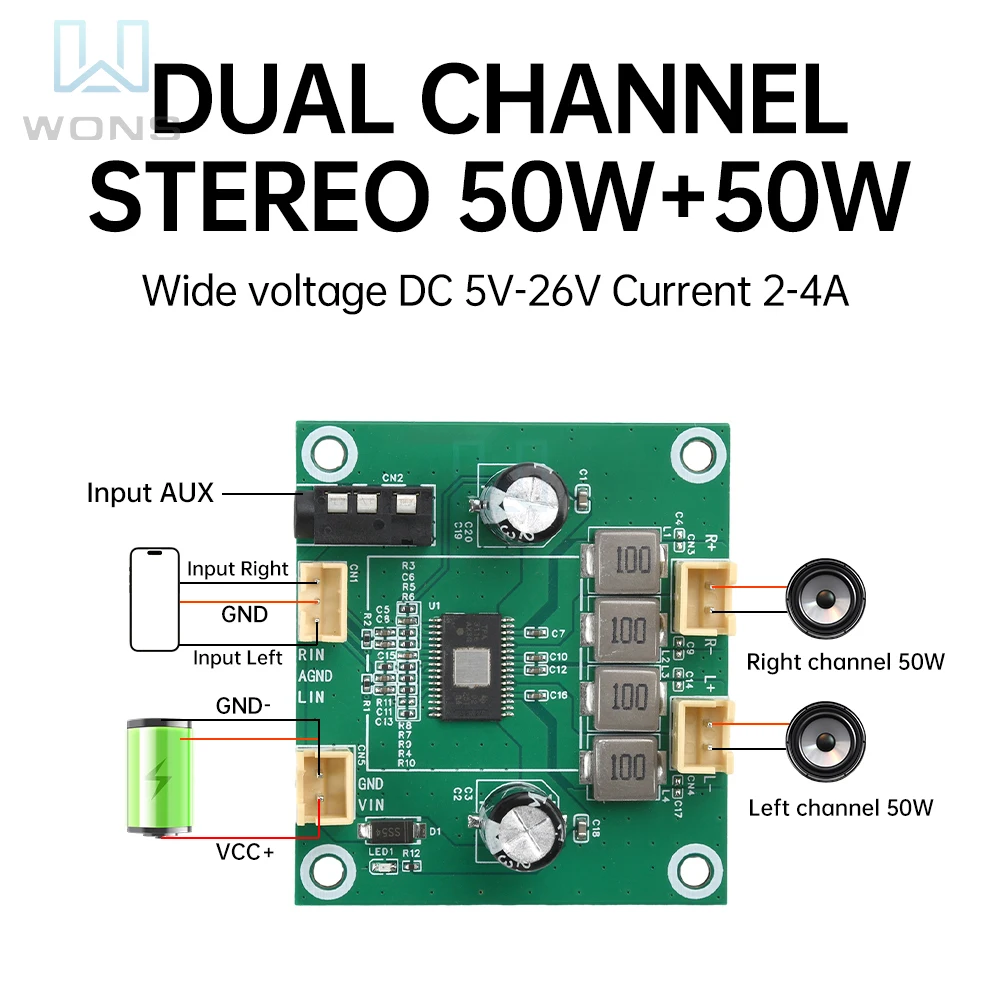 Placa amplificadora de áudio estéreo digital classe d, dc 5v-26v 50w + 50w 2.0 canais tpa3116 amplificador módulo de placa de som
