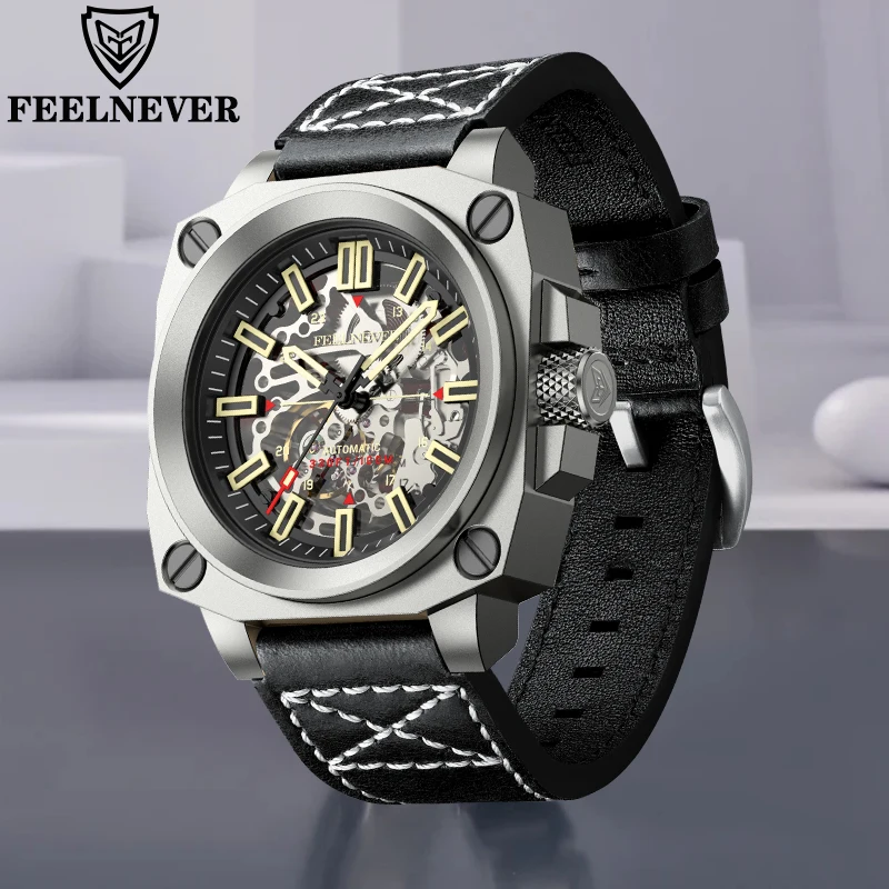 FeelNever Fashion Luxury Mechanical Man Watch Casual Sport Military Hollow Leather Automatic Men\'s Watches Waterproof Wristwatch