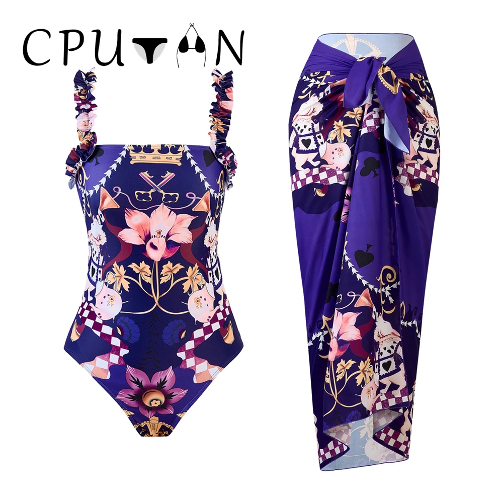 CPUTAN 2025 Floral Print Bikini One Piece Swimsuit With Cover Up Sexy Swimwear Women Swim SuitsBathsuit Belt Bodysuit Beachwear