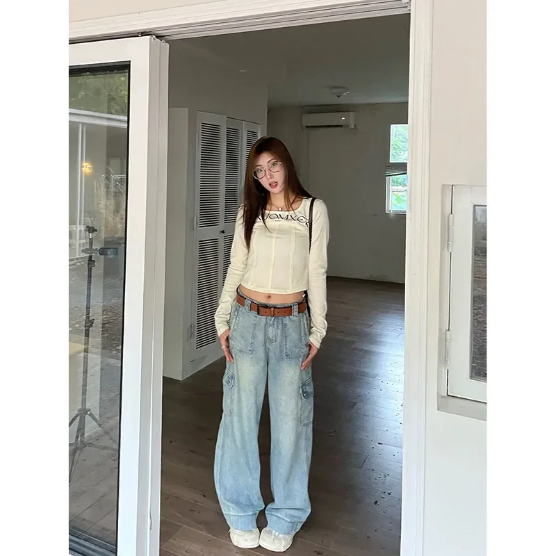 HarajukuRetro High Waist Straight Jeans Blue Pants 2024 Spring Women's Casual Grunge Streetwear Style Y2K Denim Trouser