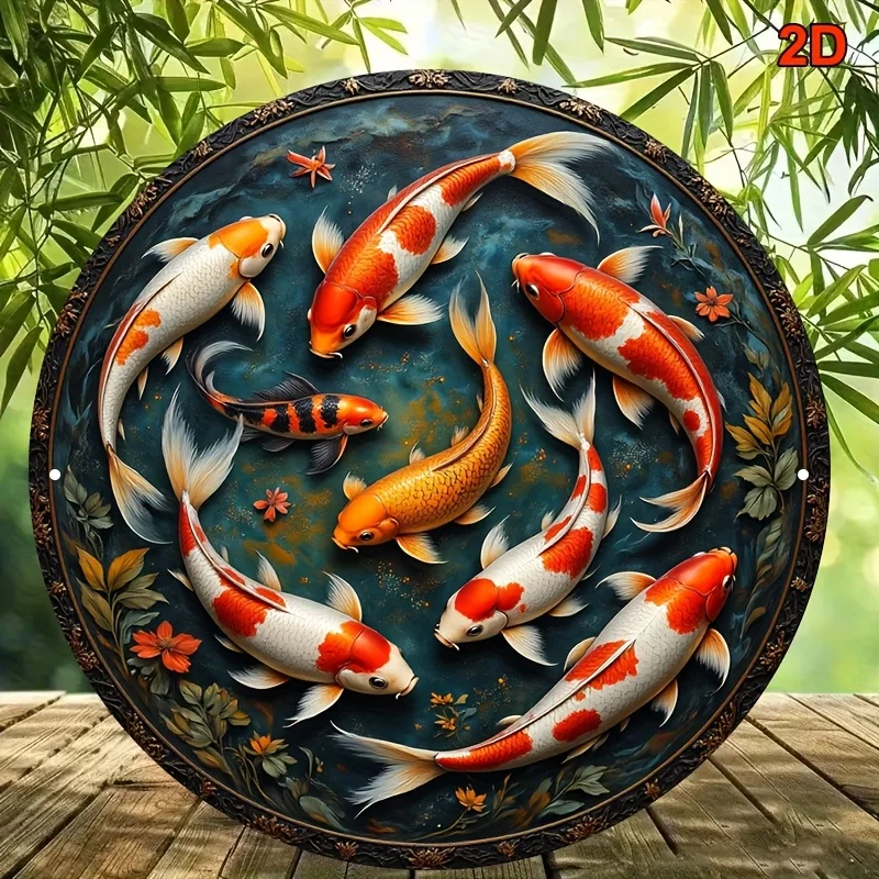 2D Flat, 8*8-inch Round Aluminum Sign, Vintage Decorative Plaque with Seven Carp Colors Featuring a Japanese Koi Fish Leaping Ov