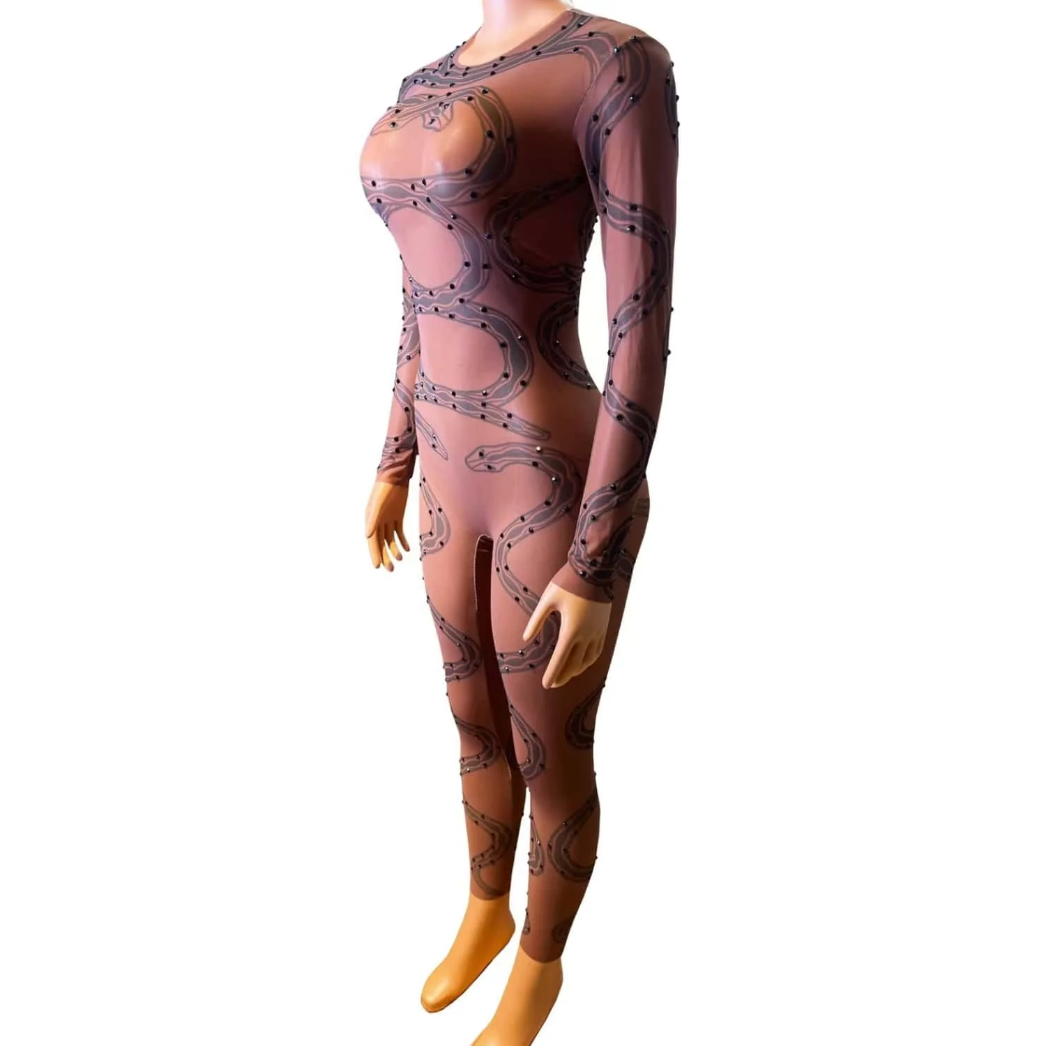 Dark brown See Through Mesh Jumpsuit Club Stage Performance Wear Party gig Outfit Black Rhinestone Tight Fitting Jumpsuit Huashe