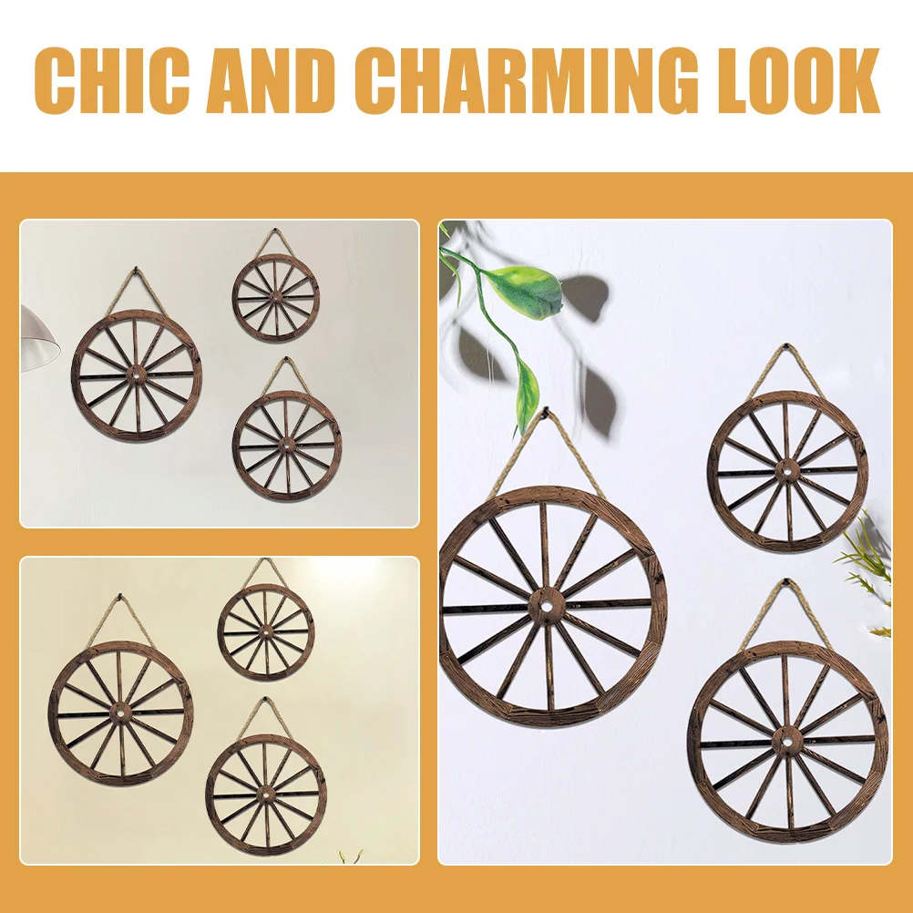 

3Pcs Wood Wheel Wall Decor Rustic Wagon Wheel Pendant Creative Wooden Craft Ornament for Indoor Outdoor Wall Art Housewarming
