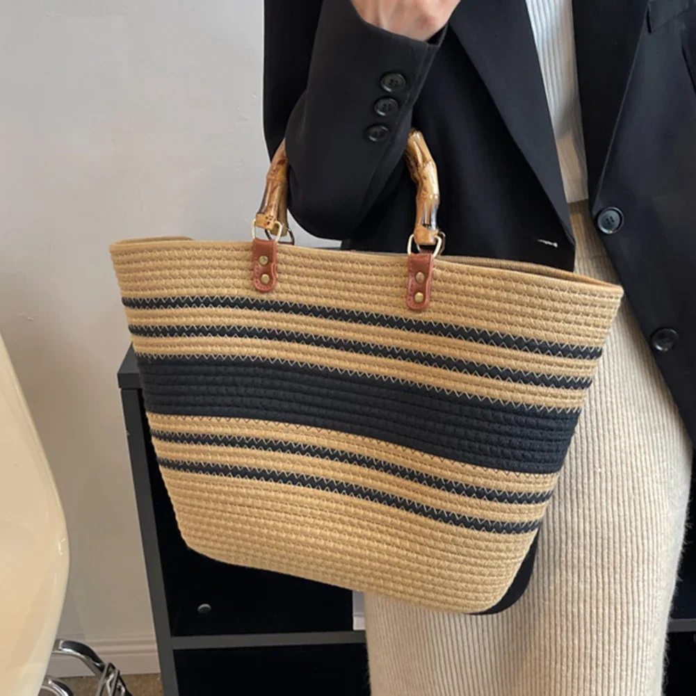 Beach Vacation Bags Bamboo Handle Top-handle Bag Large Capacity Striped Portable Casual Fashion Exquisite for Seaside Party