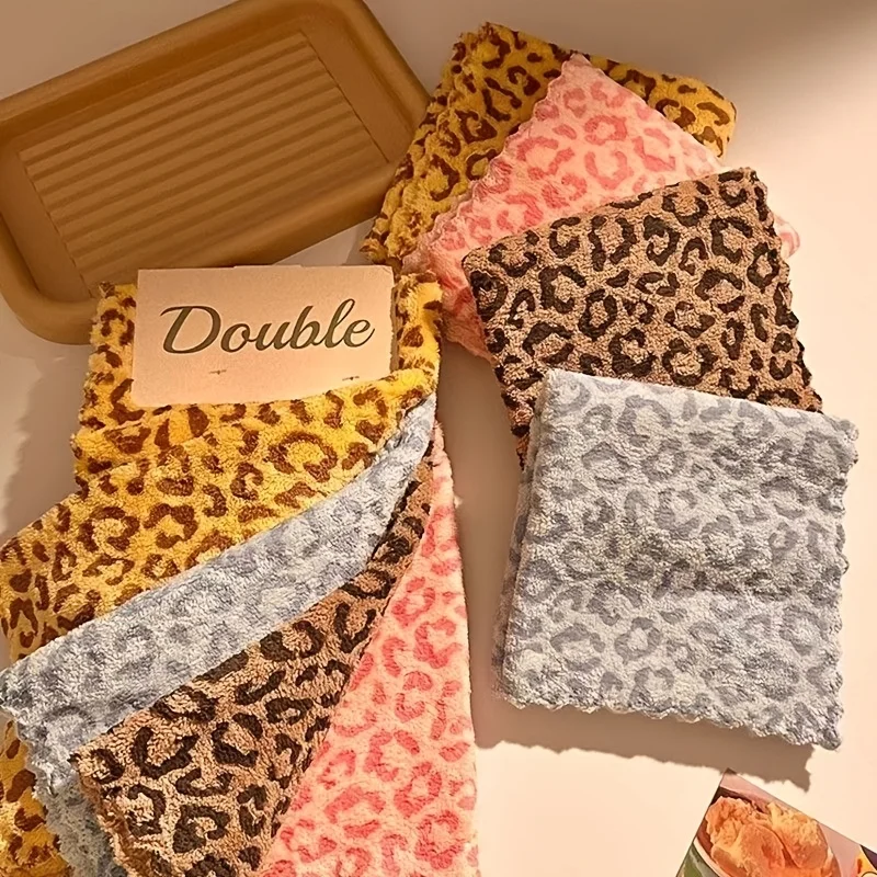 4pcs Leopard Print Cloths for Household Use, Absorbent and Non Shedding Coral Fleece Towels, Kitchen Dishwashing Cleaning cloth
