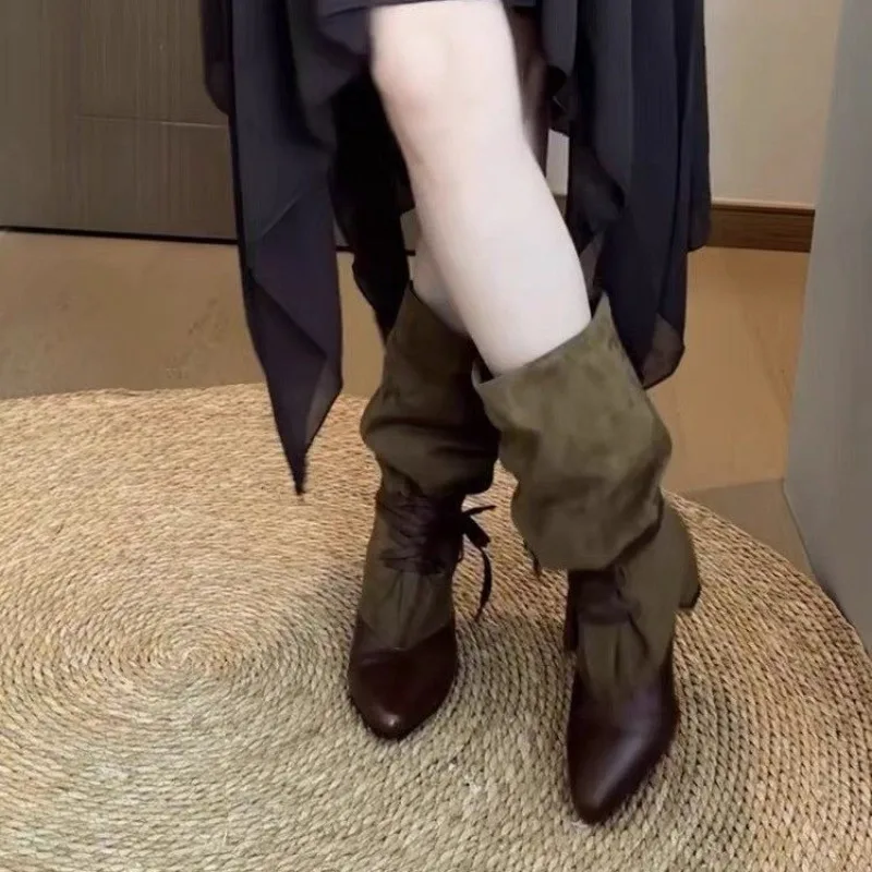 Retro Relaxed Pointed-toe Western Denim Block Heel Shoes 2026 Spring and Summer New Versatile Block Heel Stacking Boots view 4