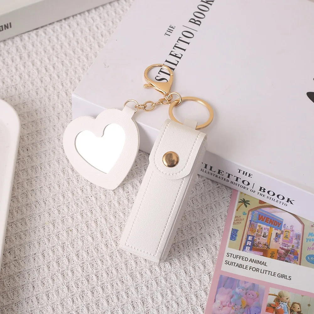 Portable PU Leather Lipstick Box, Key Chain, Detachable Mini Round Mirror, Snap on Lipstick Protective Case, Hanging Decoration view 4