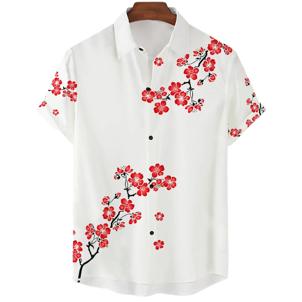 Men\'s Sakura Pattern Shirt Unisex Women\'s Hawaii Beach Shirts 2023 New Summer Outdoor Casual Short Sleeve Tops