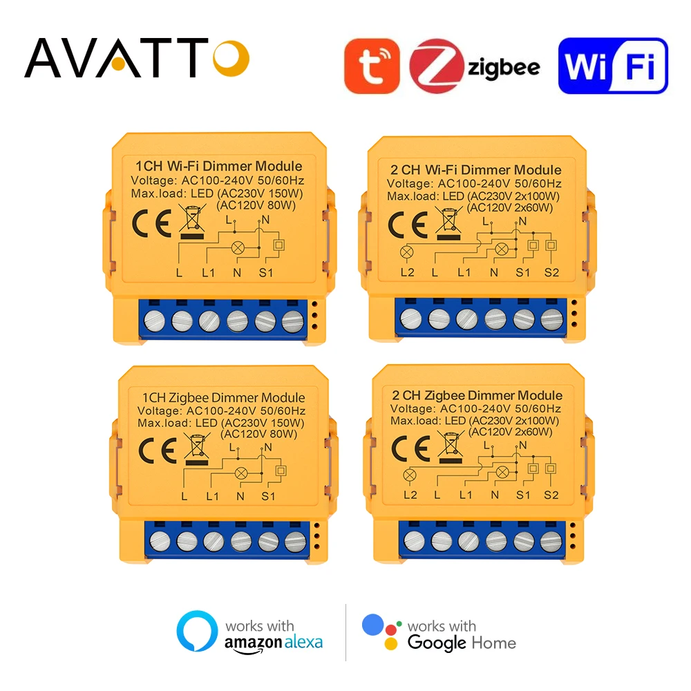 AVATTO Tuya Dimmer Switch Module,WiFi/Zigbee Smart DIY Breaker 1/2 Gang Supports 2 Way Control Works with Alexa Google Home