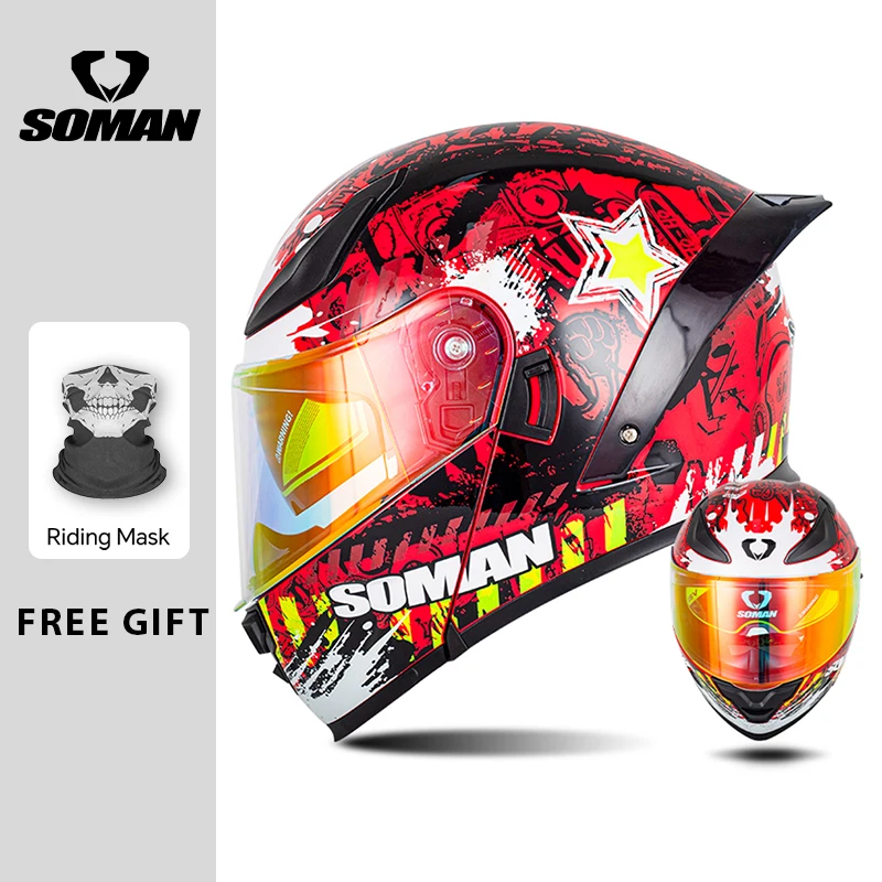 

SOMAN Modular Helmet Flip Full Face Motorcycle Helmets Dual Visor Lens Racing DOT Red Flame Flip-up Moto Helmet Double Lens