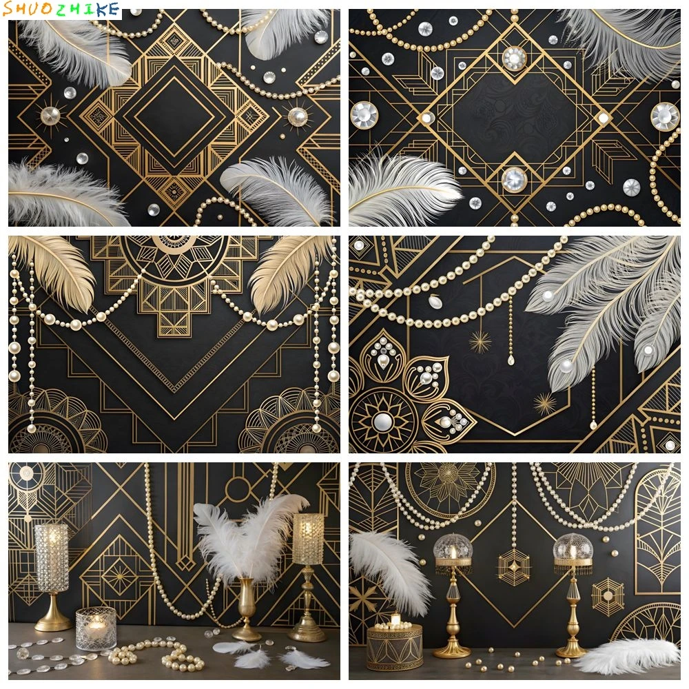 

Gatsby Theme Backdrop Boho Leaves Black Gold Lines Birthday Party Decor Custom Photography Background Banner Photostudio Props