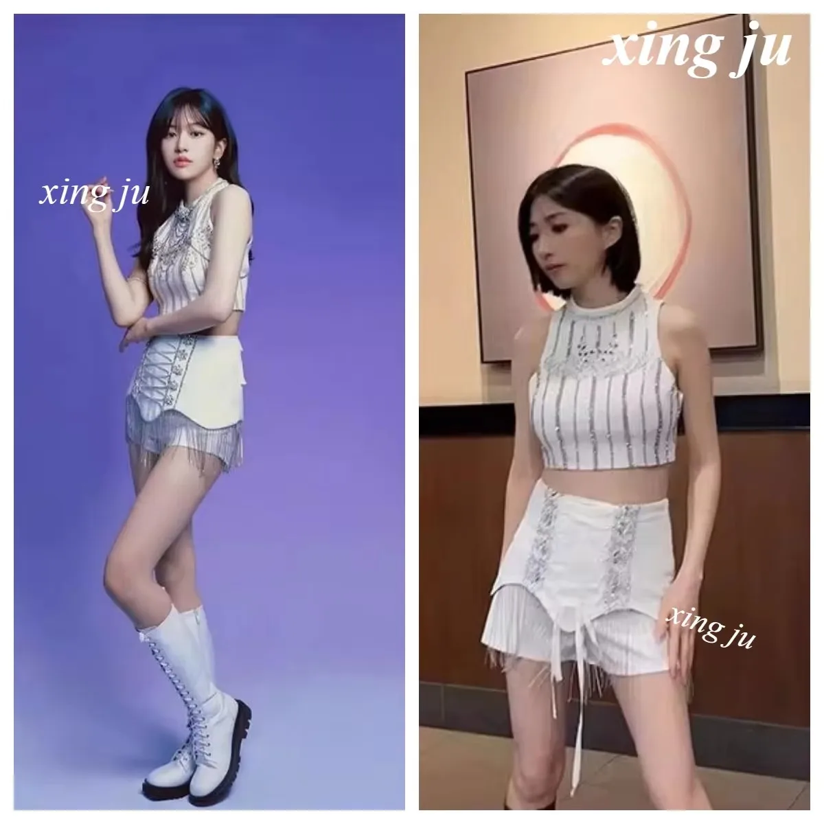 Kpop النساء مجموعة الحفل أداء زي الأبيض الرسن القمم لامعة شرابة السراويل المغني الجاز ملابس رقص DJ المرحلة وتتسابق