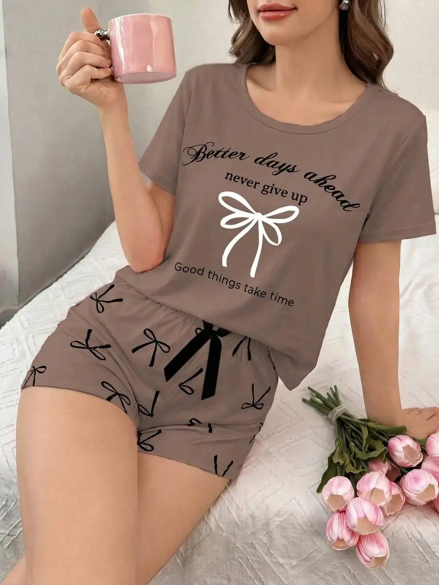 Bow And Letter Print Short Sleeve Pajama Set For Women