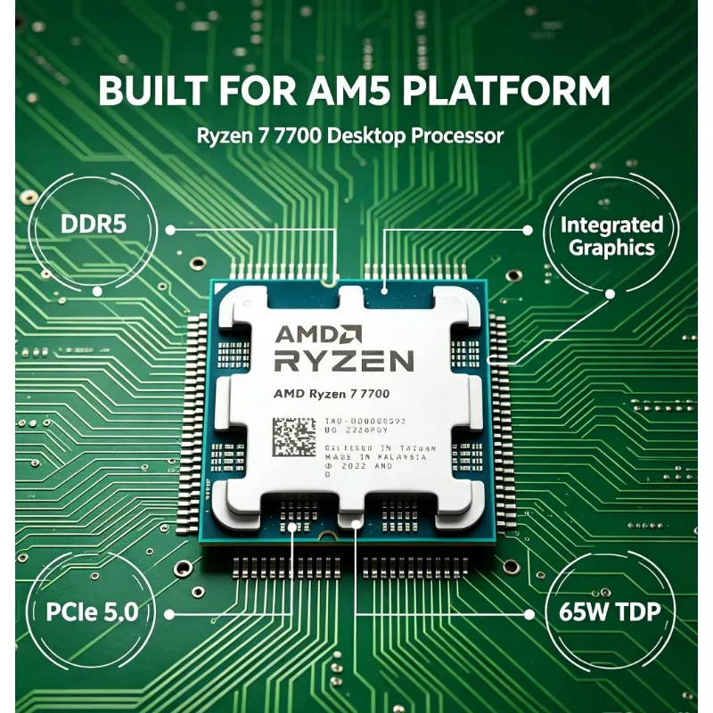 R7 7700 CPU 8‑Core 16‑Thread 5.3GHz Boost Clock 40MB Total Cache Socket AM5 Desktop Processor Support DDR5 For Content Creation