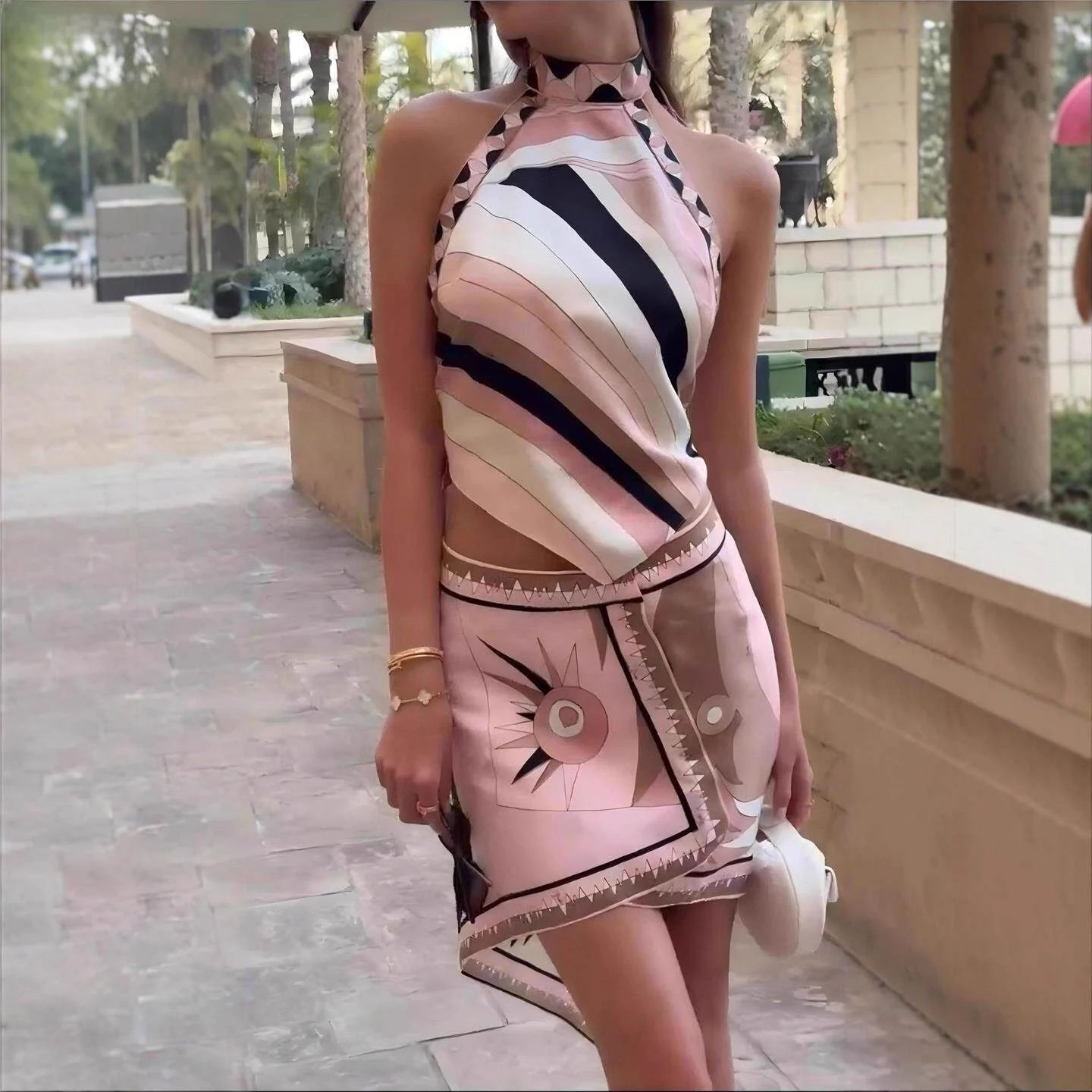 Sexy Satin Halter Neck Backless Top Skirt Shorts Set Vacation Women's Fashion mid Low Waist Printed Casual Pants for Ladies