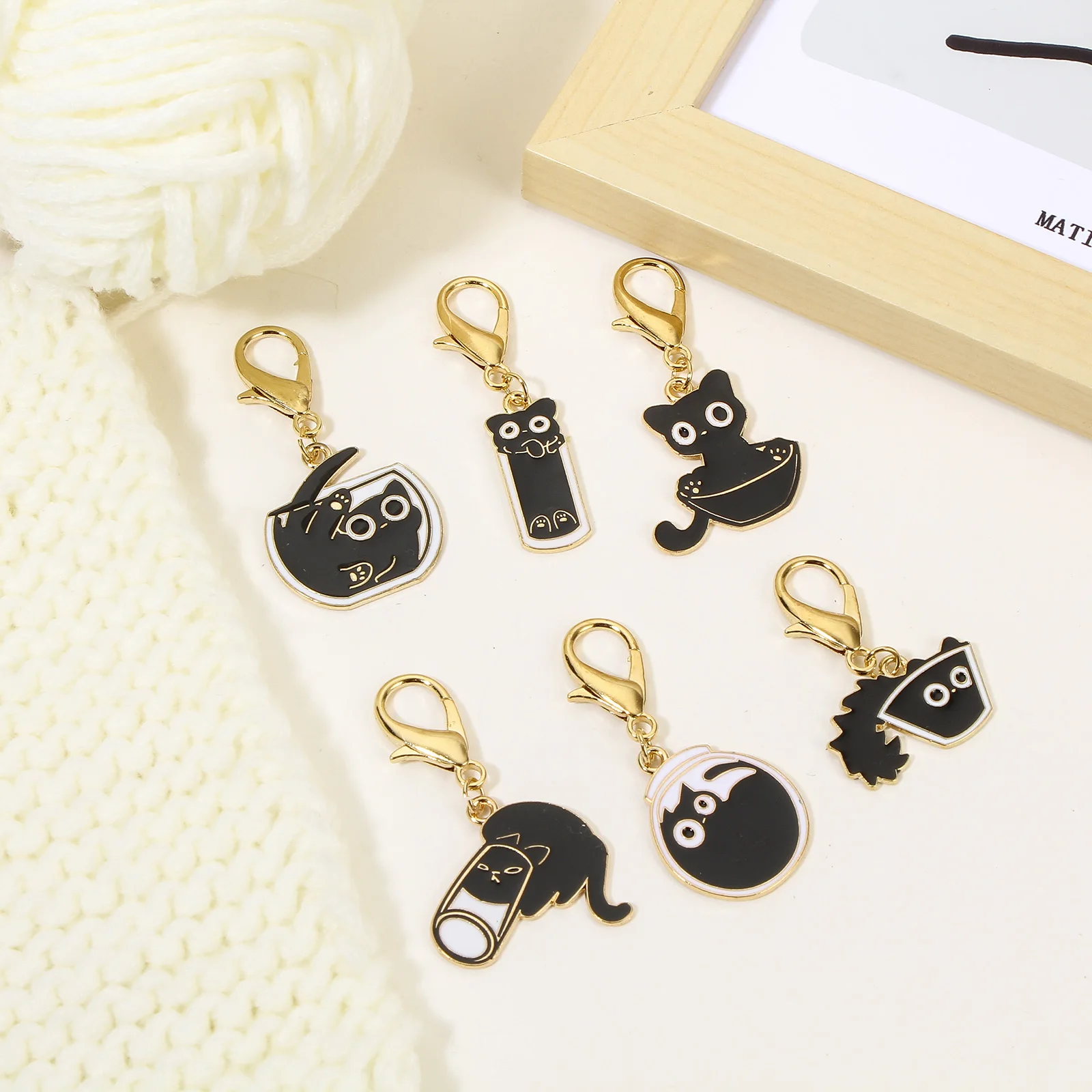 6 PCs/Set Knitting Stitch Markers Cat Gold Plated Black Enamel Sewing DIY Supplies With Lobster Claw Clasp 4.8cm x 2.6cm