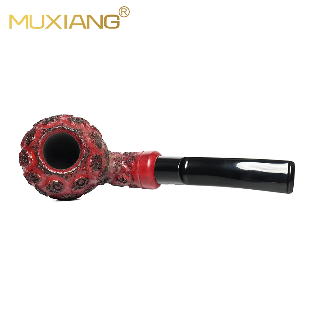 MUXIANG Red Carved Briar Wood Smoking Pipe Curved Saddle Stem 9mm Filter Retro Collectible Mens Smoking Gift