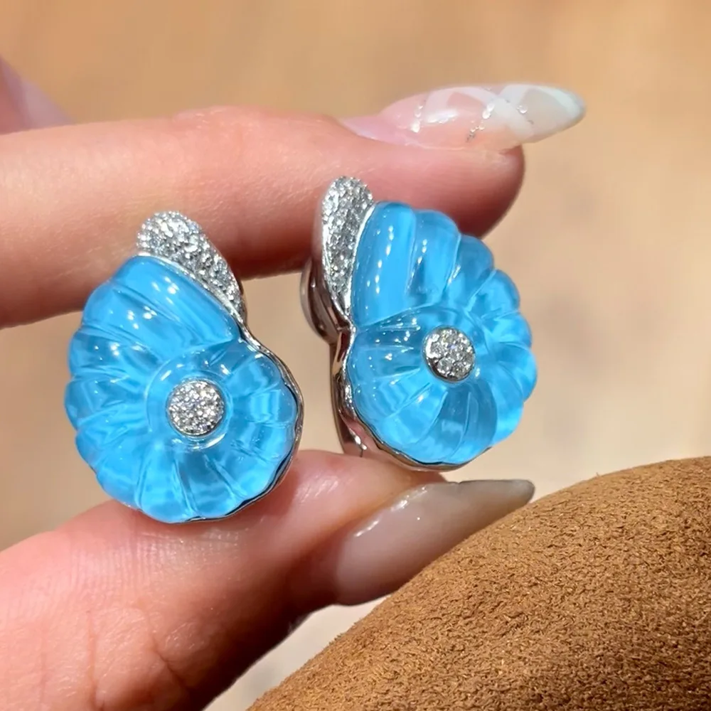 Bellux popular conch shaped s925 pure silver thick gold-plated natural white crystal blue earrings live streaming jewelry