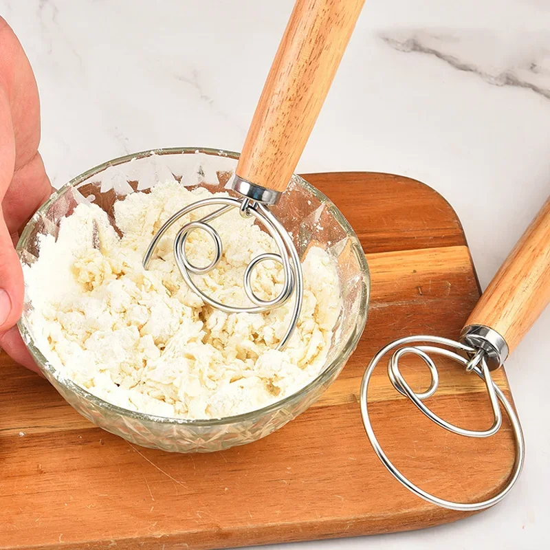 Batidor de masa danés de acero inoxidable, mezclador manual de masa de pan de estilo holandés, mango de madera, herramientas de cocina para hornear, licuadora de masa de pastelería