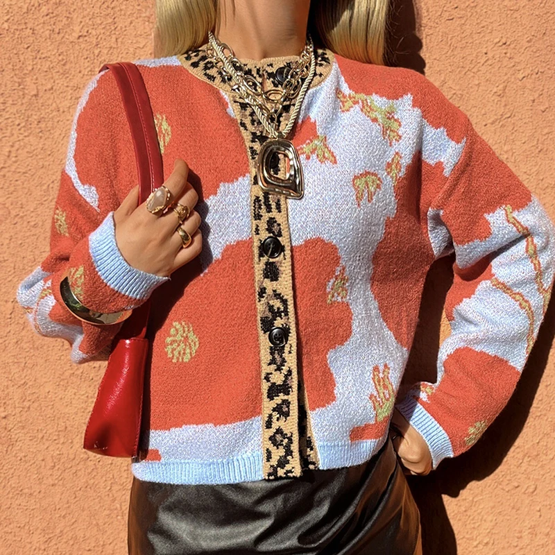 الشتاء عادية كم طويل معطف الشارع سترة أنيقة زر ليوبارد طباعة معطف خارجي الخريف المرأة موضة س الرقبة محبوك معاطف #4