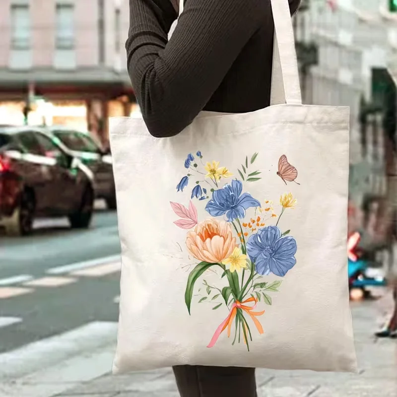 Watercolor Blue Orange Wildflower Bouquet Butterfly Canvas Tote Bag Vintage Floral Aesthetic Reusable Shoulder Handbag